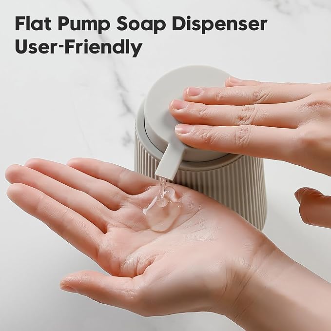 YAUKPH Striped Liquid Hand Soap Dispenser with Leak-Proof Pump for Bathroom and Kitchen Countertop 11oz Beige