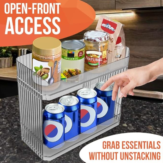 Skywin TidyFriend Stackable Plastic Storage Bins Open Front, 2-Tier Acrylic Pantry Organizer Bins With Linear Design for Kitchen, Toy Organizers and Bathroom Essentials (Clear)