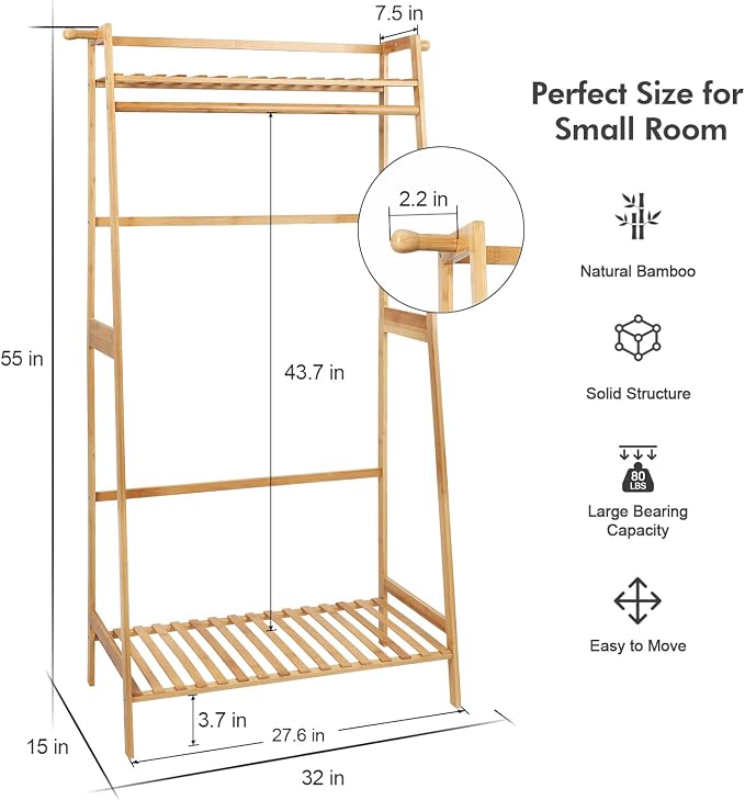 Ufine Bamboo Clothes Hanging Rack with 2 Tier Storage Shelves, 2 Coat Hooks | Portable Laundry Rack Closet Organizer Garment Rack for Bedroom Guest Room