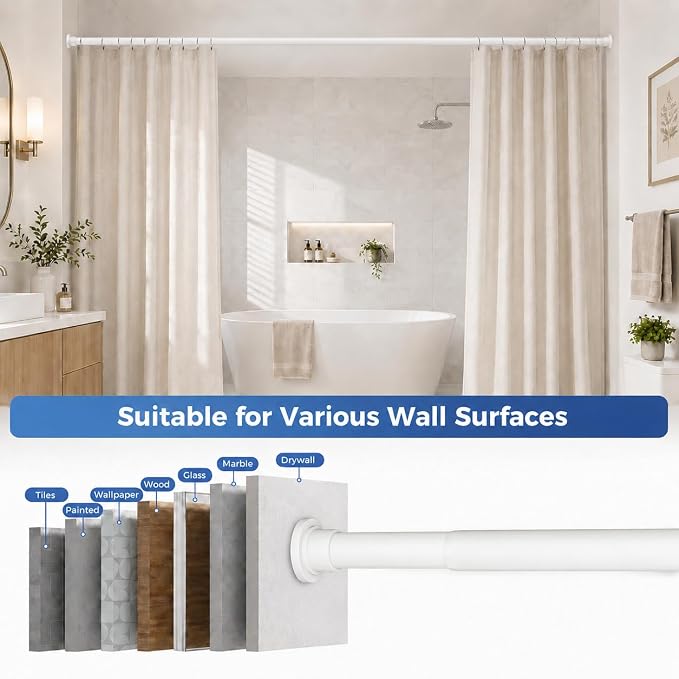 ALLZONE Adjustable Tension Curtain Rod, 2 Pack 42 to 78 Inches, Spring Loaded Curtain Rods No Drilling, Renter Friendly Tension Rod for Windows, Shower, Closet, No Drill, Non-Slip, White