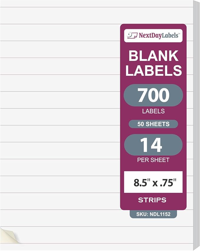 NextDayLabels 8.5x0.75 Inch Strip Stickers White Blank Labels for Laser Inkjet Printer - 14 Per Sheet Self-Adhesive Unique Size Label Made in USA - 70 Labels