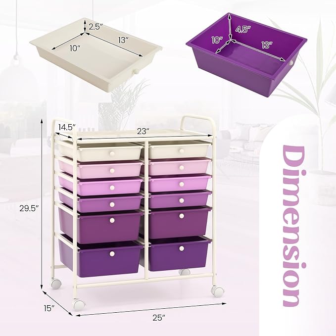 DREAMADE Rolling Cart with Storage Drawers, Utility Cart w/Removable Plastic Drawers, Lockable Wheels, Art Cart for Classroom Organization Art Supplies Office Scrapbook (12 Drawers, Purple Gradient)