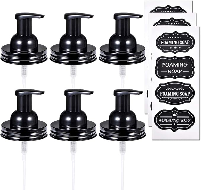 Amolliar Mason Jar Foaming Soap Dispenser Pump Lids, Foaming Pump Replacement Kit for Pint Regular Mouth Mason Jar, Refill Hand Soap, Waterproof Stickers, Kitchen Bathroom Farmhouse Decor, Black 6Pack