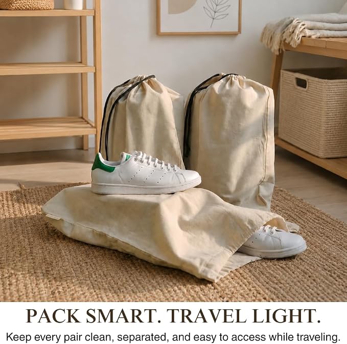3 Pack Shoe Bags for Travel, Drawstring Portable Shoe Bags for Storage, Travel Essential Cotton Footwear Laundry Bag For Men & Women, Dustproof Reusable Organizer Bags for Sneakers: 19"x15"