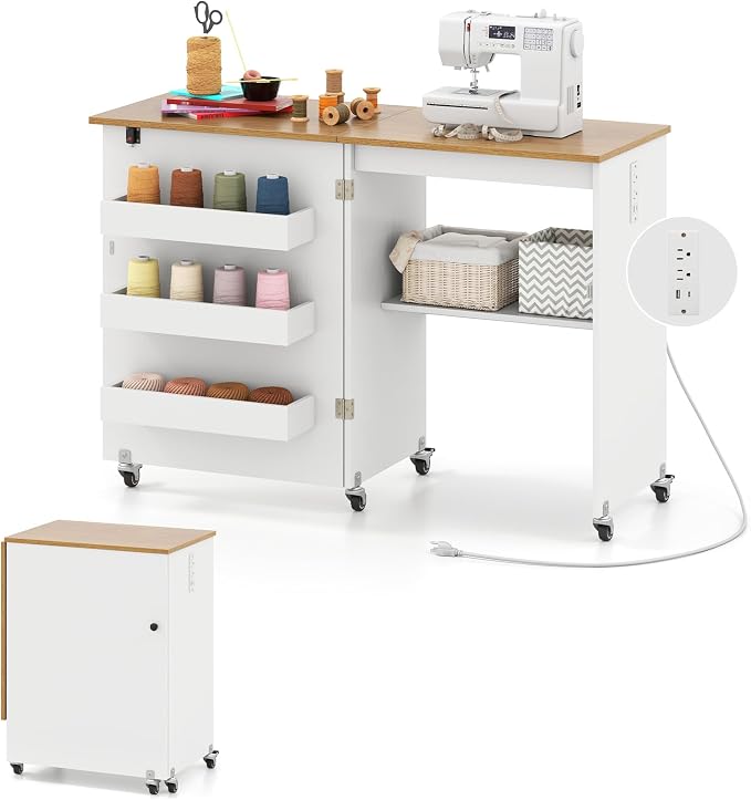 Giantex Folding Sewing Table with Charging Station, Storage Trays & Shelf | Rolling Craft Table with Lockable Wheels, Foldable Sewing Machine Cabinet Desk for Small Spaces, Dorms, White & Natural