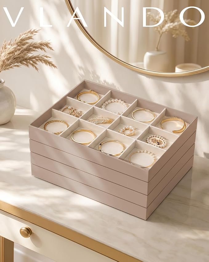 VLANDO Stackable Jewelry Tray, Drawer Organizer for Bracelets,Toffee | Wide Sections, Soft Velvet Lining, Dresser Display for Bangles, Watches, Bracelets, Gift for Women Girl