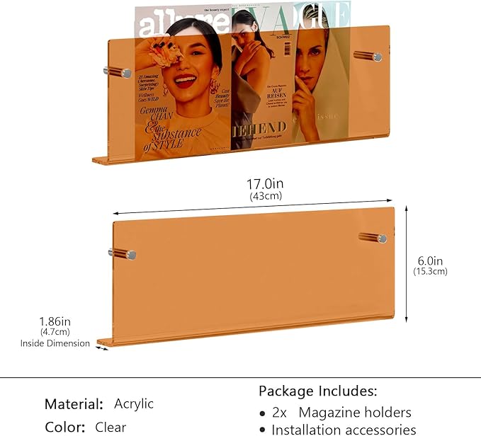 2-Pack Orange Acrylic Magazine Holder Brochure Holder,17 Inch Hanging Magazine Rack with Hardware, Floating Bookshelf Brochure Display Organizer for Home, Office, Reception Area