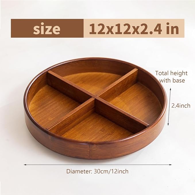 Bamboo Lazy Susan Organizer, 12'' Pantry Organizers with Removable Dividers, Rotating Spice Rack, Large Lazy Susan Turntable Organizer for Cabinet, Kitchen, Bathroom, Table