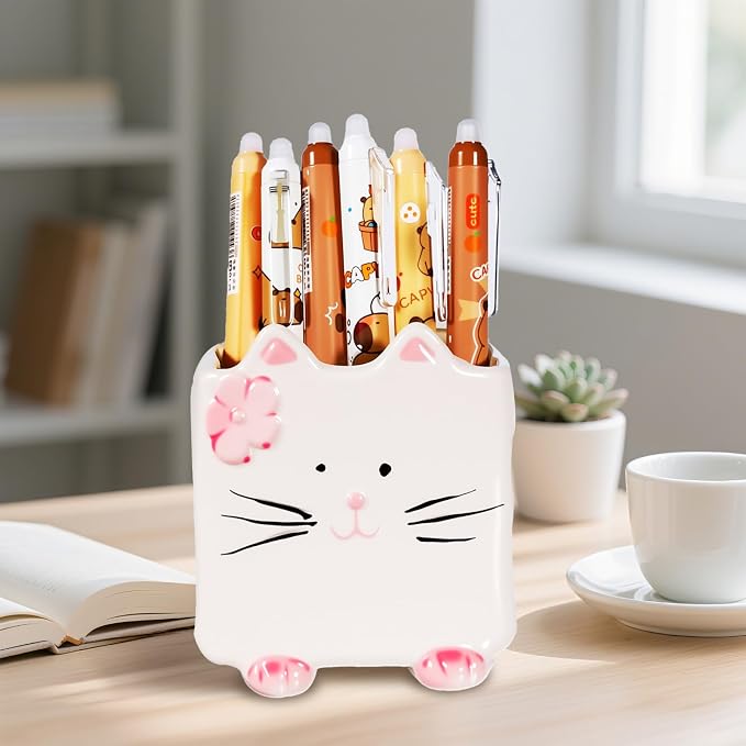 Ceramic Cat Shaped Pen Pencil Holder for Desk Decoration Accessories Cat Decor Makeup Brush Pen Cups Succulent Plant Pot Office School Ideal Gifts for Women, Mom or Birthdays