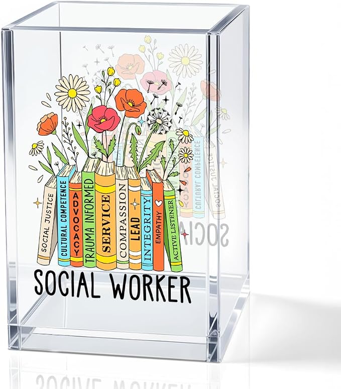 Social Worker Acrylic Cosmetic Pencil Holder Cup, Floral Books Pen Holder for Office Desk Accessories for Social Worker, Social Work Appreciation Gifts, Marker Holder, Funny MSW Thank You Gifts