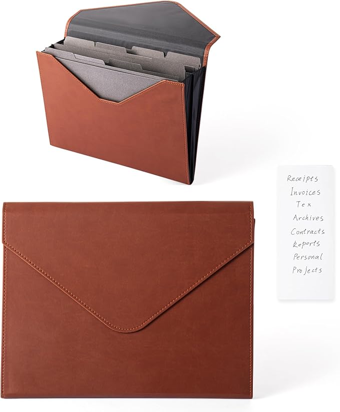 PU Leather Heavy-Duty Expanding File Folder, A5/US Letter Size Document Organizer with 8 Paper File Folder, 4-1/2 Inch Expansion, Grey – for Office, Auto Shop, School Paperwork.(Brown)