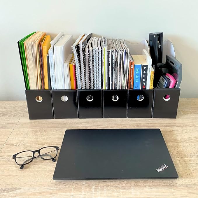 Evelots Magazine File Holder - Set of 6 Black - Office Desk Organizer - Sturdy Cardboard - New Upgraded Double Front Panel for More Stability - Full 4 Inch Wide - Easy Assemble
