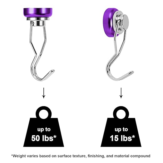 Ant Mag Swivel Magnetic Hooks 50lbs Heavy Duty Grill Magnet Hooks 4 Pack with Scratch Proof Stickers Great for Home Refrigerator Kitchen Store Grill BBQ Office Warehouse (Purple)