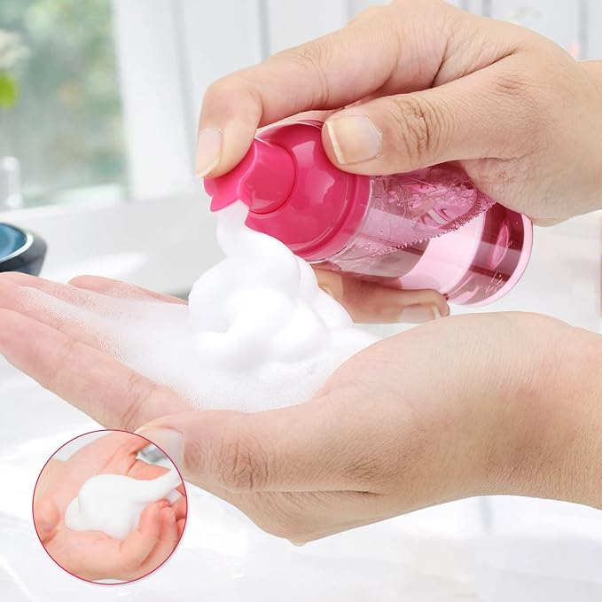 Travel Foam Pump Bottle - 2oz Small Size Foaming Hand Soap Dispenser - Mini Portable Mousse Lash Shampoo Kit Container for Hair - Empty Leak Proof Plastic Rose Red Foamer 3Pack