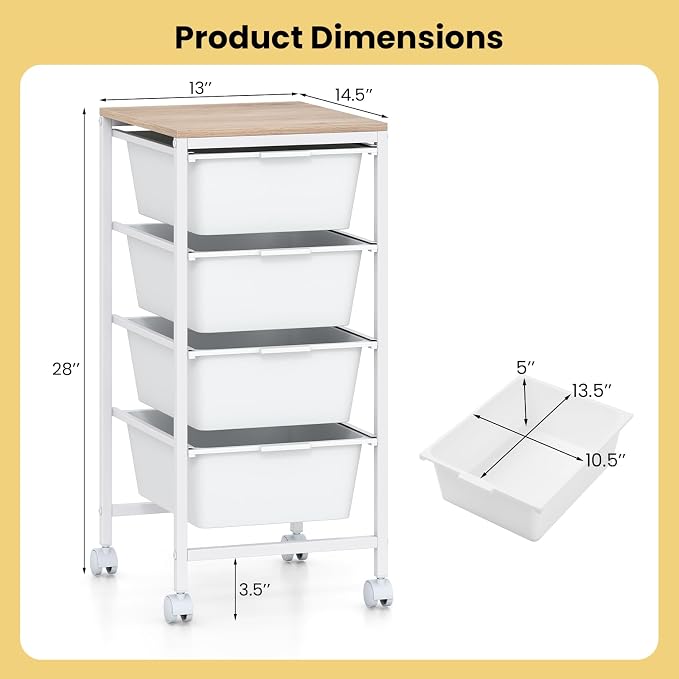 LDAILY Rolling Cart with Drawers, 4 Drawer Rolling Storage Cart with Wooden Tabletop, Metal Frame & Lockable Wheels, Craft Organizers and Storage for Home Office Classroom (White, 4 Drawer)
