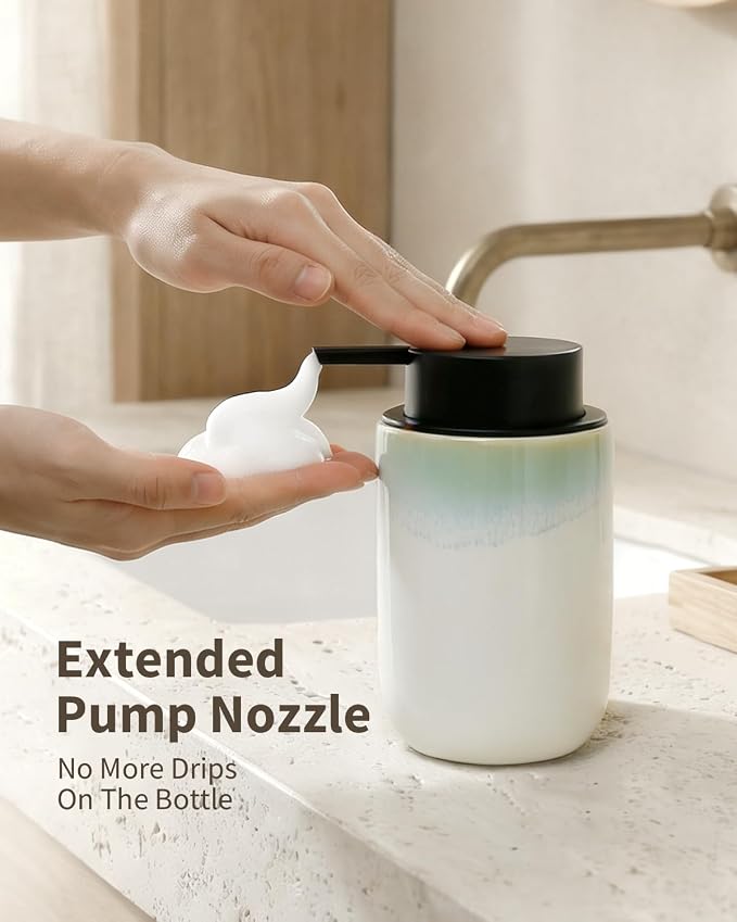 BosilunLife Hand Soap Dispenser for Kitchen, Bathroom Countertop | Foam Soap Dispenser Bathroom Ceramic Dish Liquid Soap Dispenser (White with Blue-Green Rim Foam Pump)