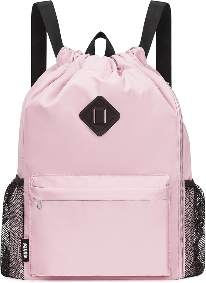 WANDF Drawstring Backpack with Shoe Compartment, Sports Gym Bag | Multi-Pocket Storage, Water-Resistant Fabric, Cinch String Bag