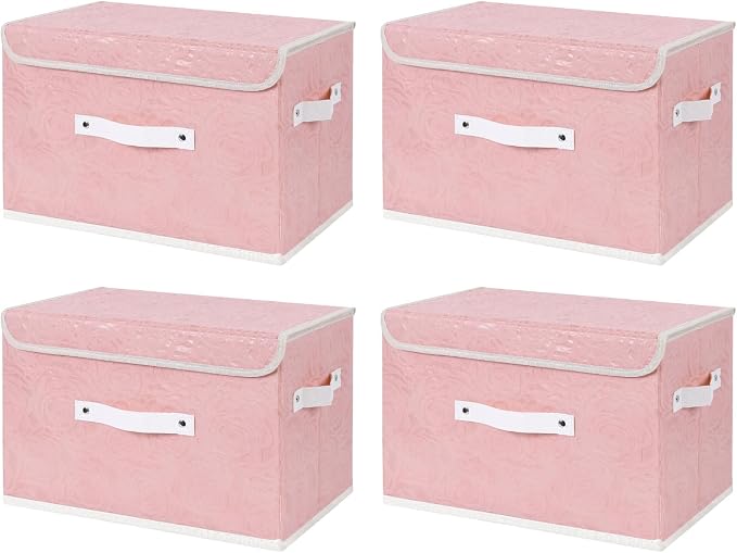ANMINY 4PCS Fabric Storage Bin with Lid Rose Print Storage Box Basket with PU Leather Handles Washable PP Plastic Board Decorative Foldable Lidded Shelf Cubes Closet Organizer - Pink, Large Size
