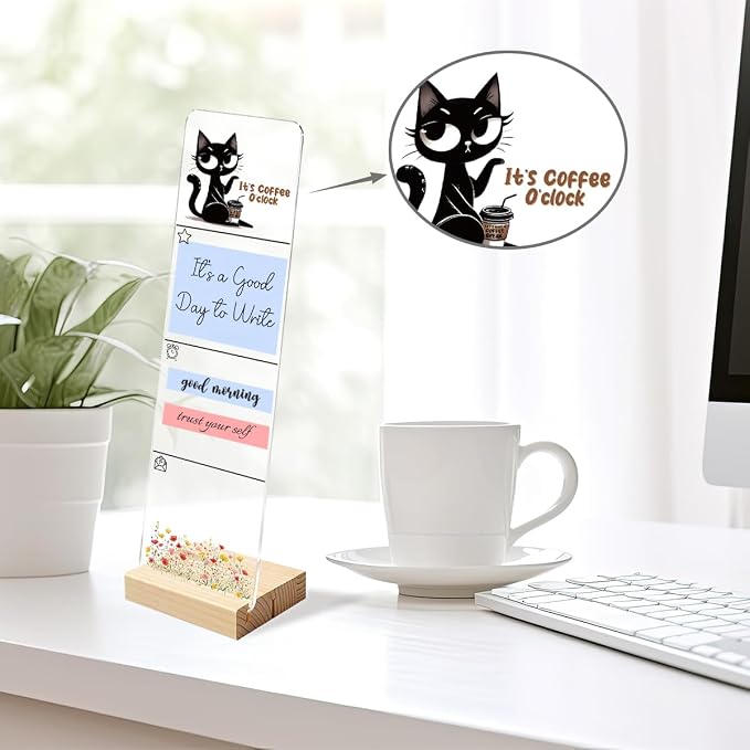 Sticky Note Holder, Monitor Memo Board, Acrylic Post It Note Holder with Wooden Base, Includes 200 Notes, Desk Organizer, Funny Black Cat Quote “It’s Coffee O’Clock”