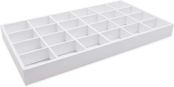 The Display Guys - Stackable Jewelry Tray and Organizer - for Drawers, Dressers, Store Display (24 Compartments, White Leatherette)