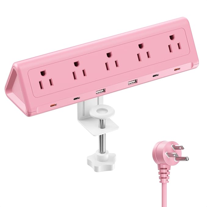 6.5 FT Desk Clamp Power Strip with 5 AC Outlets & 6 USB Ports PD 40W USB-C Fast Charging, Extension Cord with Multiple Outlets, Fits 2.1 in top Edge Pink