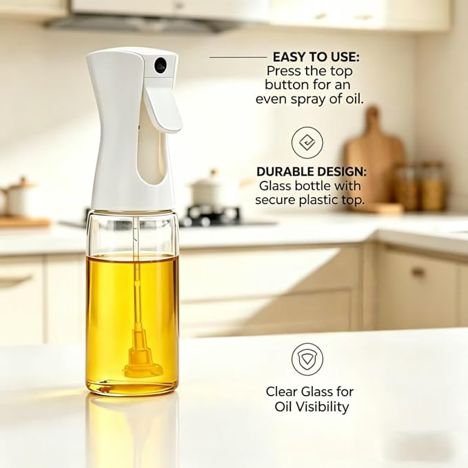 Olive Oil Sprayer for Cooking, 220ml Glass Oil Dispenser for Kitchen Gadgets, Food Grade Premium Clear Spray Bottle for Salad, Frying, BBQ