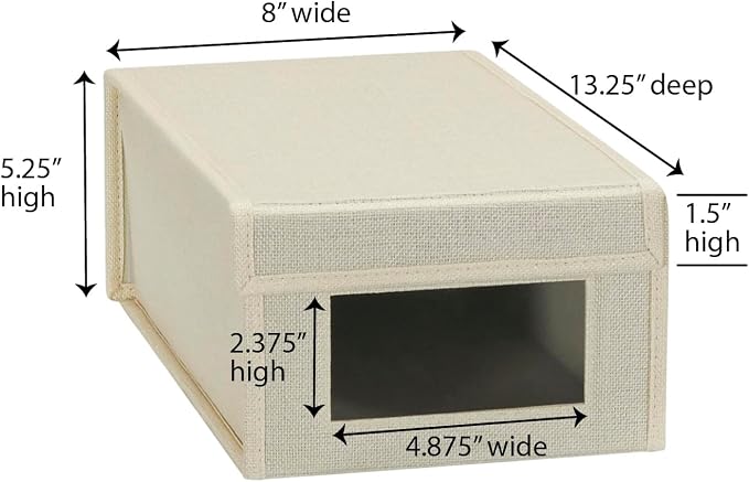 Household Essentials Small Drop Front Shoe Box with Clear Front Panel, Sturdy Poly‑Blended Linen, Cream Finish, Set of 2