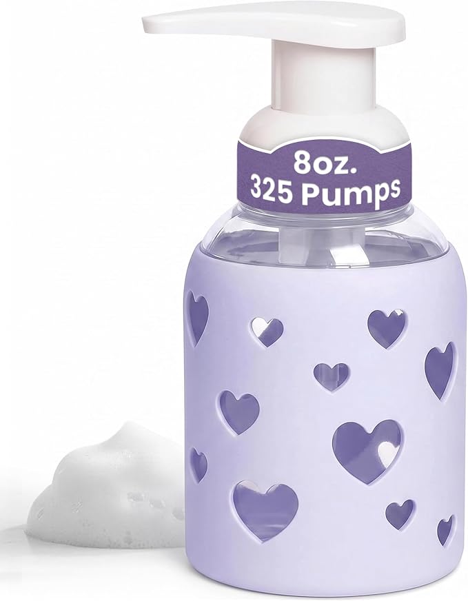 SoCal Suds & Company Foaming Hand Soap Dispenser Glass, Liquid Soap Pump with Heart Silicone Sleeve, Refillable Bottle for Kids, Baby Wash & Shampoo, Ideal for Bathroom & Kitchen Use, Soft Purple, 8oz
