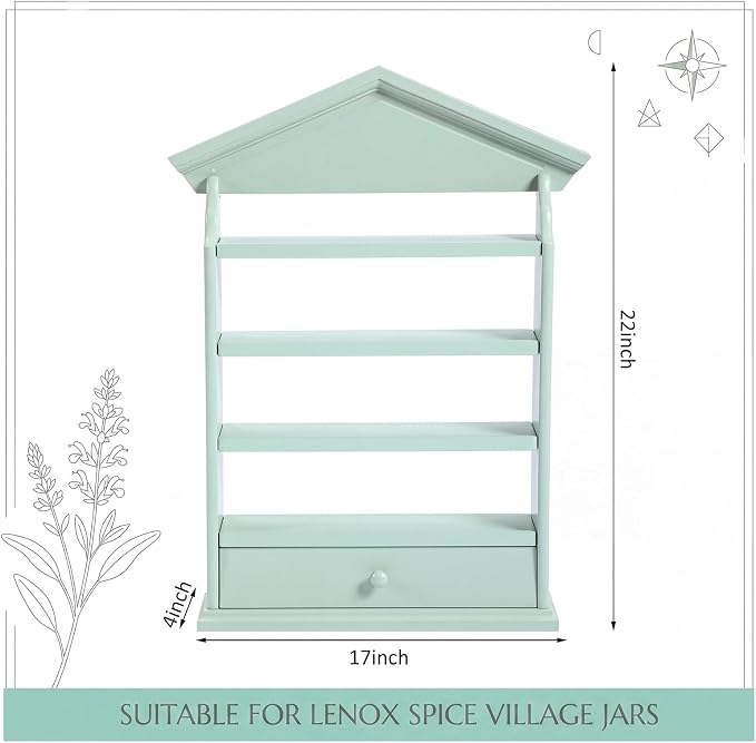 Chunful Vintage Spice Jar Wooden Rack with 4 Tier Hanging Spice Rack Wall Mounting Kitchen Storage Village Style Display Shelf for 24 Jar, Christmas Wedding Bridal Gift, Shelf Only(Classic Sage Green)
