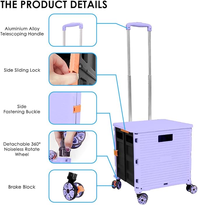 SELORSS Foldable Utility Cart Portable Collapsible Crate Rolling Carts with Wheels Rolling Tote Basket Teacher Cart with Lid Wear-Resistant 360°Rotate Wheel Noiseless for Shopping Storage Office Use