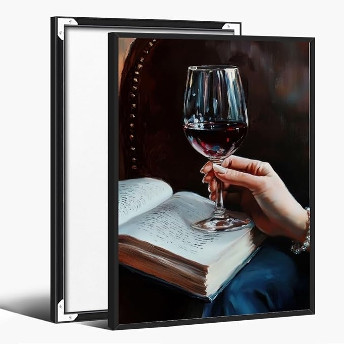 Wine and Book Girl Reading With Drink Art Aesthetic Poster Canvas Wall Art Decoration Living Room Home Decor Bedroom Decoration Poster black framed20x30inch