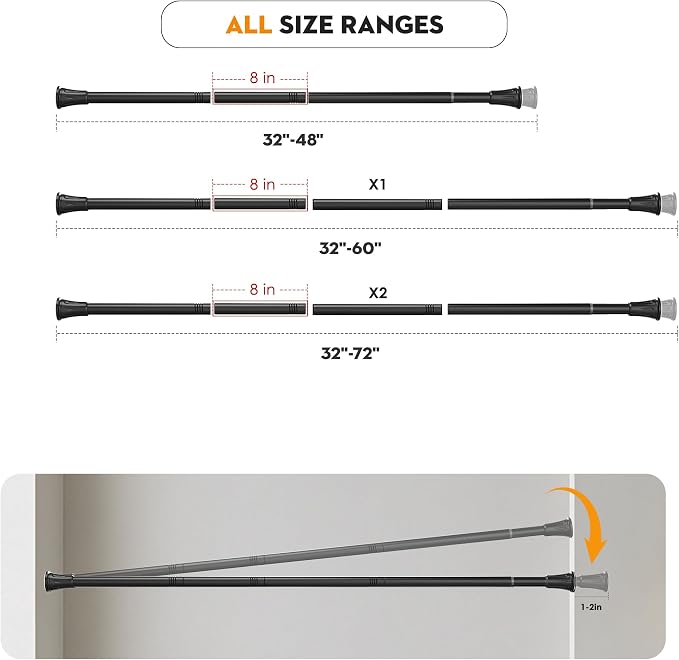 No Drilling Closet Rods for Hanging Clothes, Adjustable 32-72 in | Heavy Duty, Black, Metal, 1.1 Inch Diameter, Suitable for Closet, Wardrobe, Laundry, RV