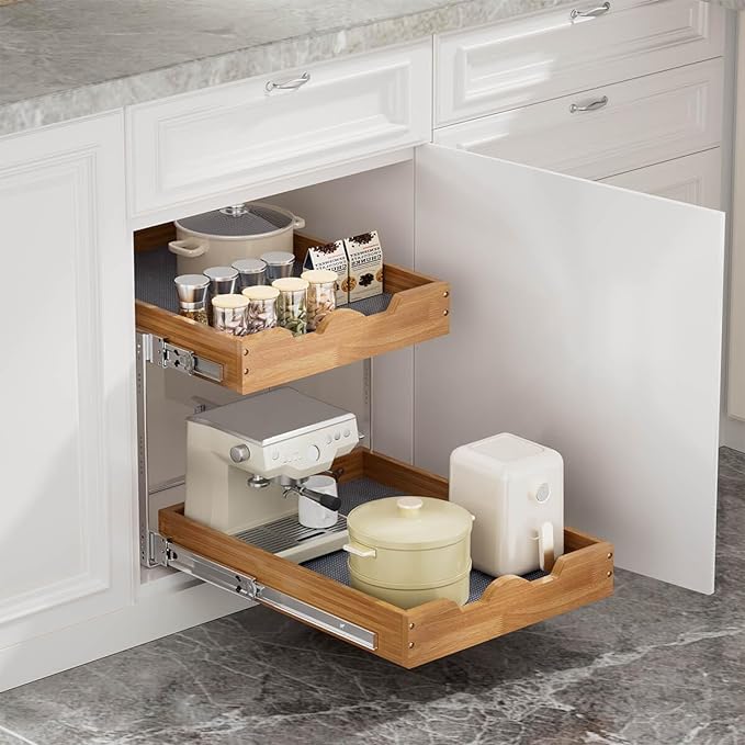 OCG 2 Tier Pull Out Cabinet Organizer (17"W x 21"D), Double Tier Slide out Wood Drawer Shelf, Pull Out Shelves for Base Cabinet Organization in Kitchen, Pantry, Bathroom