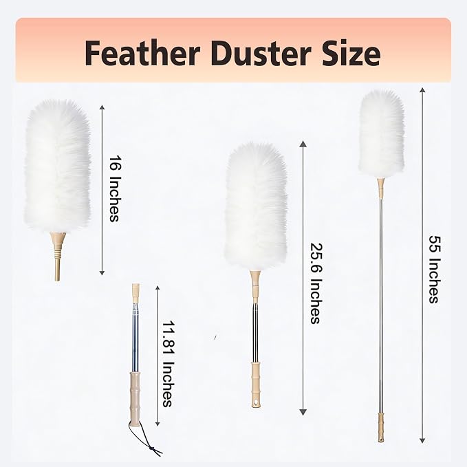 Lambswool Duster Extendable 22–55 Inch Natural Wool Duster with Flexible Head for Ceilings Furniture Blinds Electronics Washable Reusable White