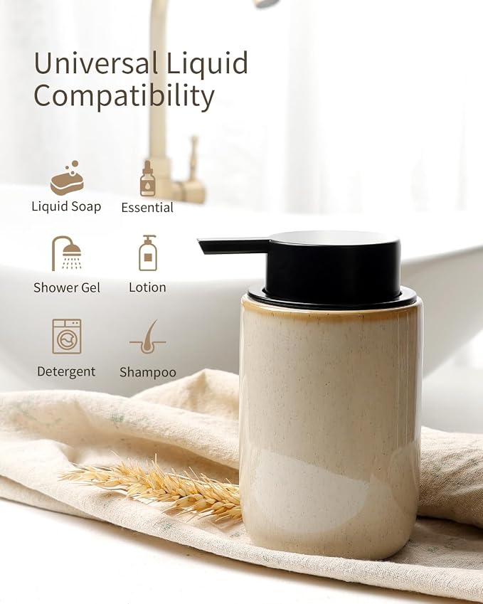 BosilunLife Lotion Pump Dispenser for Bathroom, Kitchen, Countertop | Hand Soap Dispenser Bathroom Ceramic Dish Liquid Soap Dispenser (Greige with Speckle, Liquid Pump)