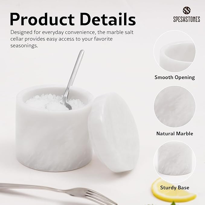Marble Salt Cellar 3 Inch White Flaky Salt Containers for Countertop - Sugar Bowl With Lid, Salt Holder, Spice Jars, Salt Box for Seasoning Storage Container, Salt Dish for Kitchen Decor