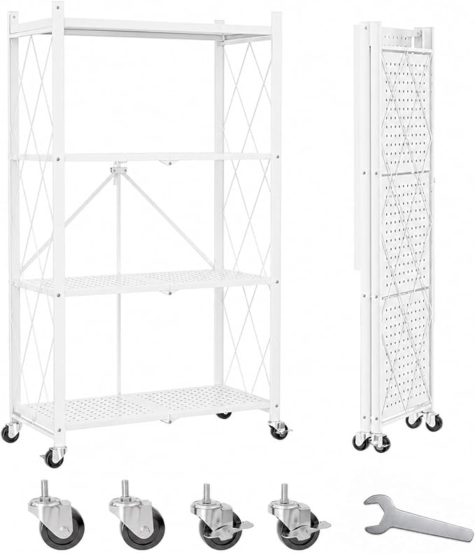 4 Tier Foldable Storage Shelves on Wheels, Heavy Duty Metal Shelving Unit, No Assembly Required for Kitchen, Garage, Pantry, Basement, Bookshelf, White