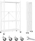 4 Tier Foldable Storage Shelves on Wheels, Heavy Duty Metal Shelving Unit, No Assembly Required for Kitchen, Garage, Pantry, Basement, Bookshelf, White