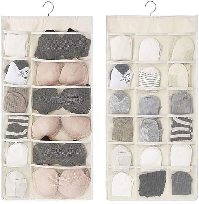 Closet Hanging Organizer with Mesh Pockets & Rotating Metal Hanger,Dual Sided Wall Shelf Wardrobe Storage Bags,Oxford Cloth Space Saver Bag for Bra Underwear Underpants Socks (white)