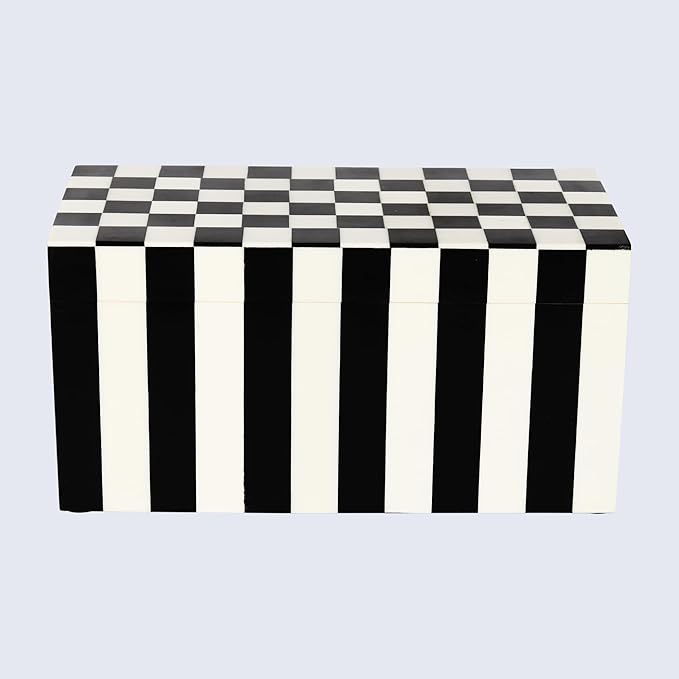 Handicrafts Home Large Decorative Storage Box with Lid, Black and White Keepsake Storage Box, Decorative Jewelry & Memory Box for Coffee Table, Shelf & Bedroom Decor, Puzzle Check - 10 x 5 x 5 Inch