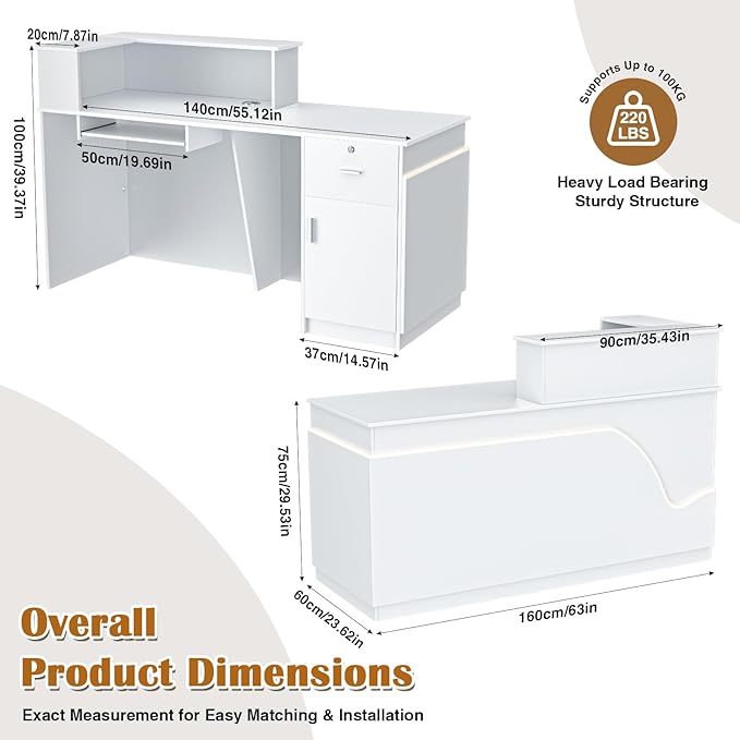 L-Shaped Reception Desk, Modern White High Gloss Front Desk with LED Lights, Lockable Drawer & Storage Cabinet, Keyboard Tray & Cable Management for Office, Beauty Salon & Retail Store