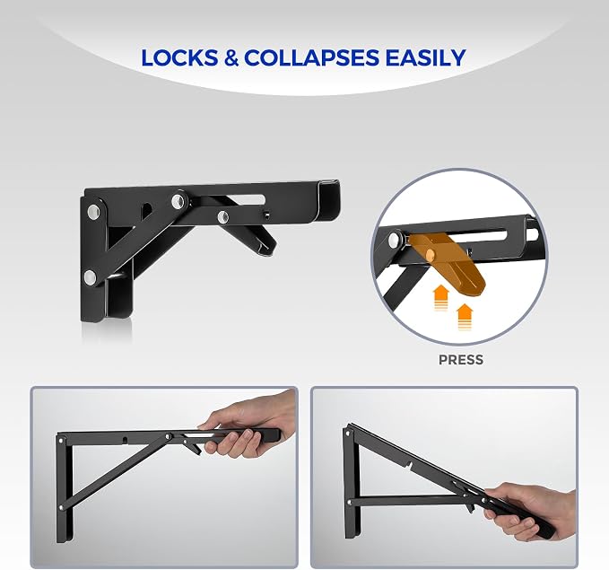 Ravinte Matte Black Folding Shelf Brackets, 6 Inch, 2 Pack | Collapsible Bracket Design, Table And Bench Support, Space-Saving Shelf Setup, For Worktops, Laundry Rooms, Garage Projects