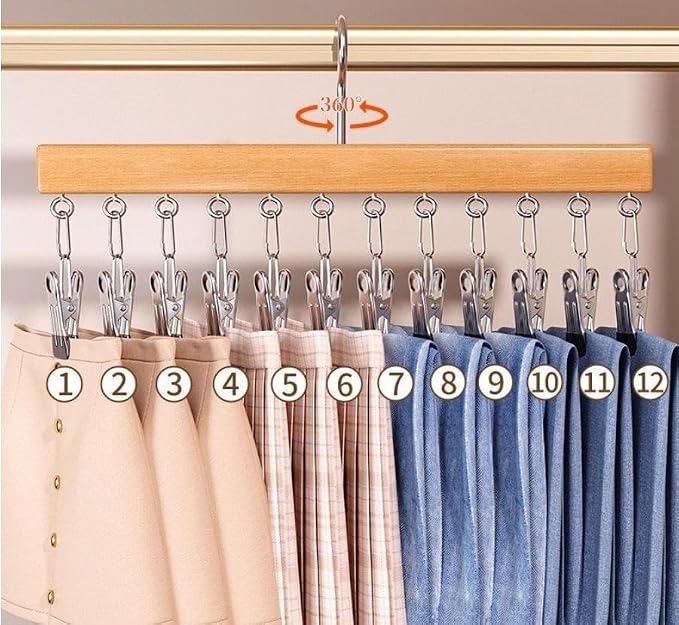 Wooden Closet Organizer Hanger with 12 Clips, Space Saving Hanging Organizer for Hats Scarves Jeans Skirts Socks Pants, 15 Inch, 360° Swivel Hook (1Pcs, Wood Colour)