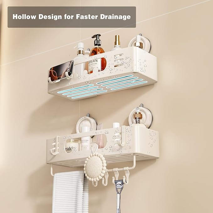 Voldra Shower Caddy Suction Cup, Shower Shelves for Inside Shower No Drilling, Aluminum Suction Showers Organizer for Wall with Towel Bar & Hooks Removable Bathroom Storage Rack(1 Pack-Cream White)