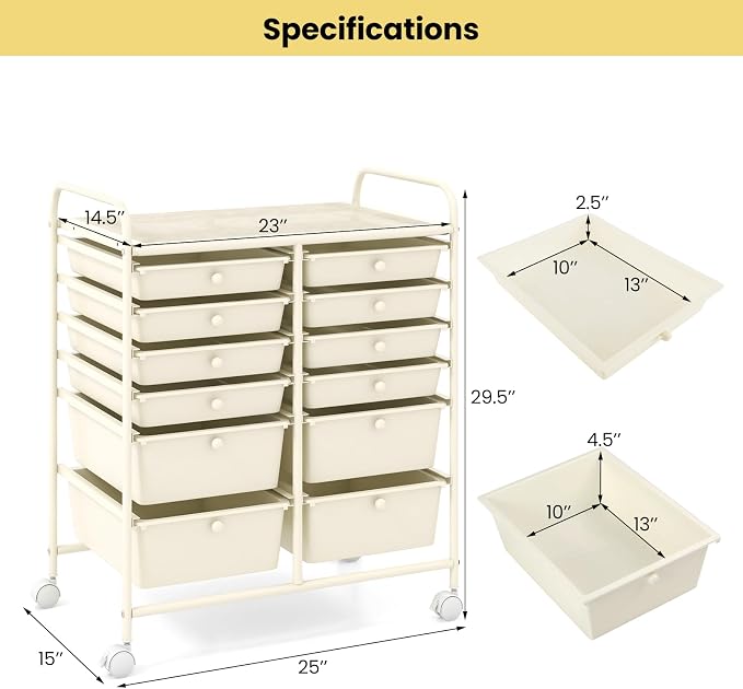 Moccha 12-Drawer Rolling Storage Cart - Utility Cart on Wheels with Lockable Casters for Craft Art Supply Paper Salon, Mobile Drawer Carts for Classroom Teacher School Office (White)