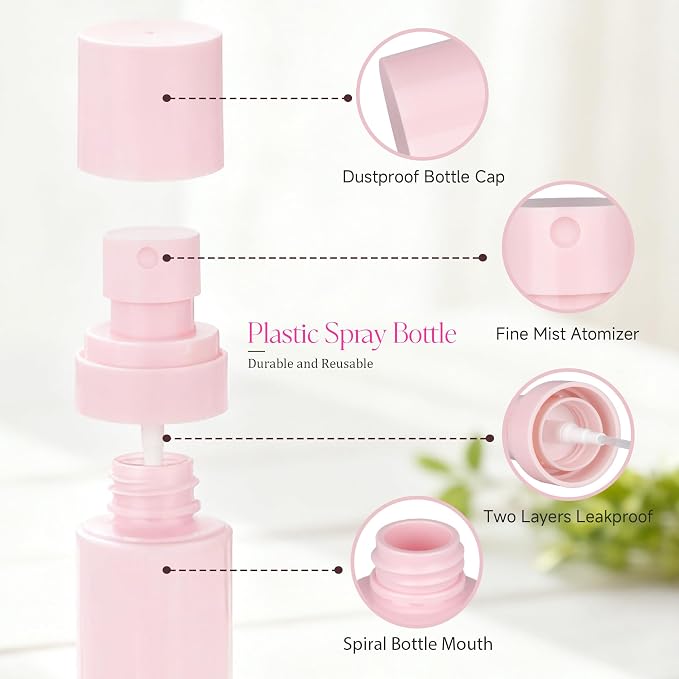 Small Spray Bottle, 2OZ Travel Spray Bottle, Mini Plastic Spray Bottles for Face, with 6pcs Labels (Pink)