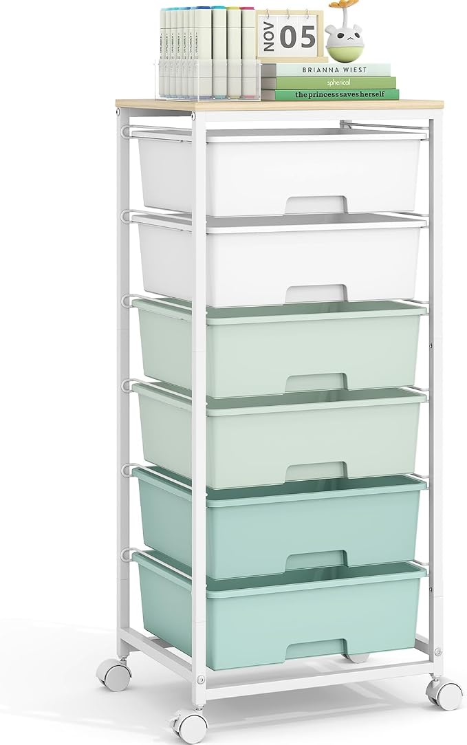 Rolling Storage Cart with 6 Drawers and Wooden Tabletop, Lockable Wheels Utility Cart for Art Studios, Office Supplies & Craft Room Organization (Green)