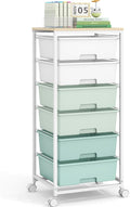 Rolling Storage Cart with 6 Drawers and Wooden Tabletop, Lockable Wheels Utility Cart for Art Studios, Office Supplies & Craft Room Organization (Green)