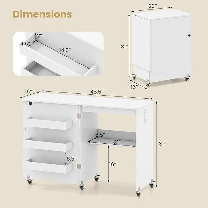 Giantex Folding Sewing Table with Charging Station, Storage Trays & Shelf | Rolling Craft Table with Lockable Wheels, Foldable Sewing Machine Cabinet Desk for Small Spaces, Dorms, White