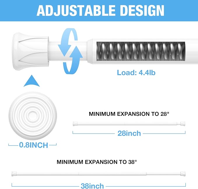 6 Pack Spring Tension Rods 27-38 Inches,5/8" Diameter White Spring Load Adjustable Expandable,Small Short Tension Curtain Rod for Windows,Kitchen,Doorway,Bathroom,Cupboard Bars